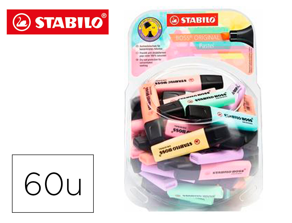 ROTULADOR STABILO BOSS FLUORESCENTE 70 PASTEL EXPOSITOR BOMBONERA DE 60 UNIDADES COLORES SURTIDOS