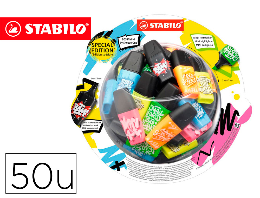 ROTULADOR STABILO BOSS MINI FLUORESCENTE BY SNOOZE ONE EXPOSITOR BOMBONERA DE 50 UNIDADES COLORES SURTIDOS