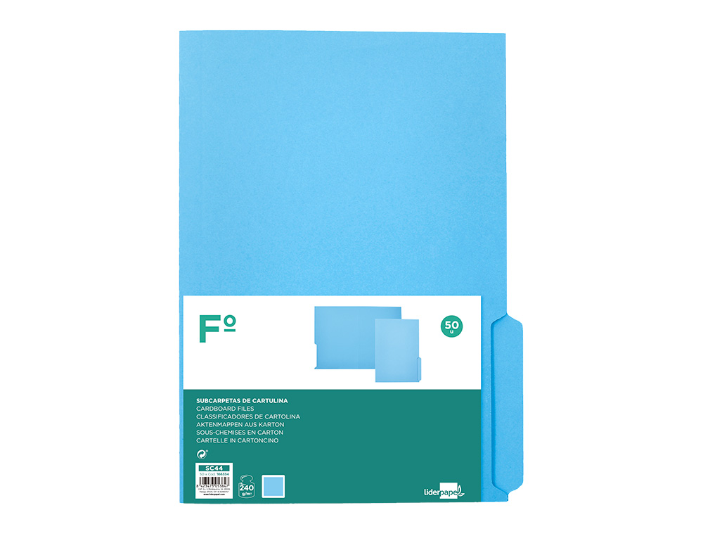SUBCARPETA CARTULINA LIDERPAPEL FOLIO PESTAA DERECHA 240G/M2 AZUL