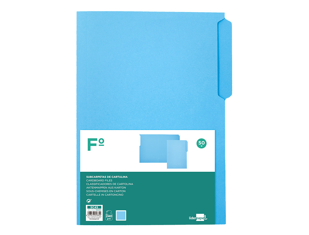 SUBCARPETA CARTULINA LIDERPAPEL FOLIO PESTAA IZQUIERDA 240G/M2 AZUL