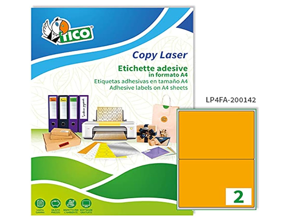 ETIQUETA ADHESIVA TICO NARANJA FLUORESCENTES PERMANENTE FSCLASER/INKJET/FOTOCOPIA 210X297MM CAJA DE 70 UNIDADES