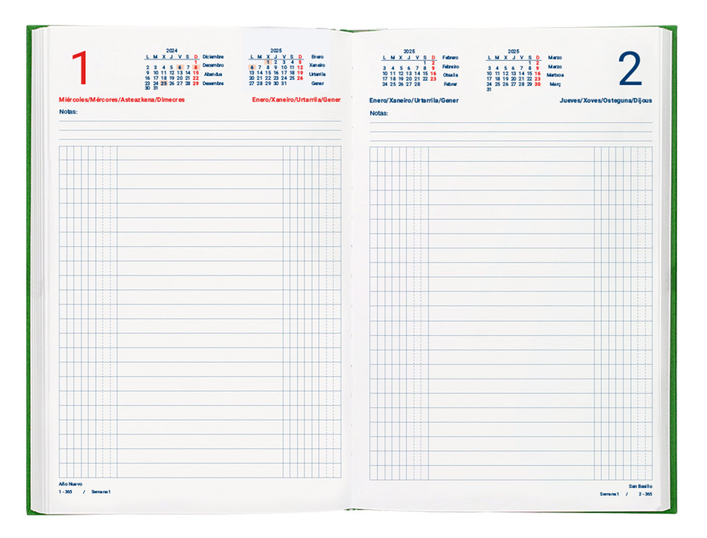 DIETARIO LIDERPAPEL 2025 CUARTO 15X21,5 CM COLOR VERDE PAPEL 70 GR