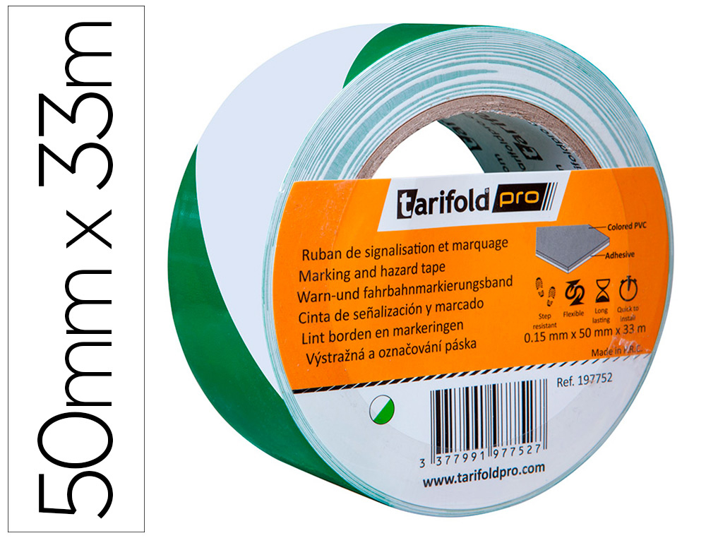 CINTA ADHESIVA TARIFOLD SEGURIDAD PARA MARCAJE Y SEALIZACION DE SUELO 33 MT X 50 MM COLOR BLANCO/VERDE