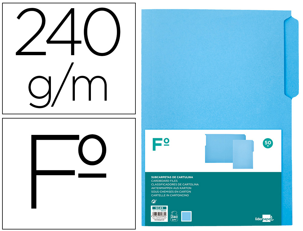 SUBCARPETA CARTULINA LIDERPAPEL FOLIO PESTAA IZQUIERDA 240G/M2 AZUL