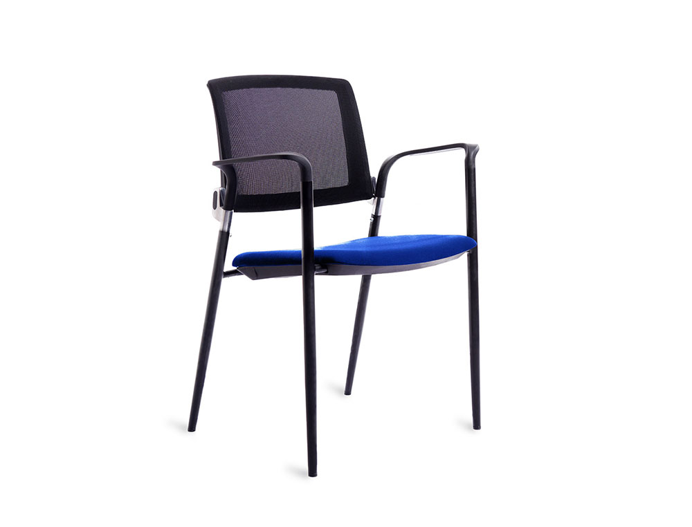 SILLA ROCADA CONFIDENTE BRAZOS FIJOS ESTRUCTURA METALICA ASIENTO TELA IGNIFUGA AZUL RESPALDO MALLA