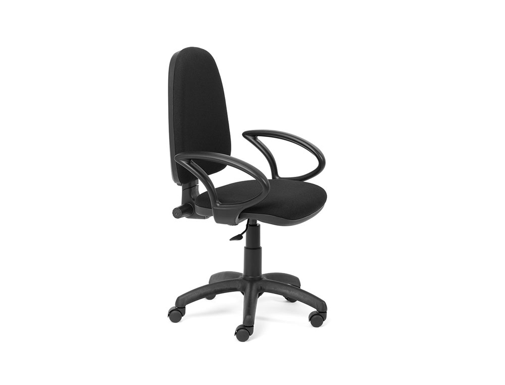 SILLA ROCADA DE OFICINA BRAZOS FIJOS BASE NYLON RESPALDO Y ASIENTO TELA IGNIFUGA NEGRO