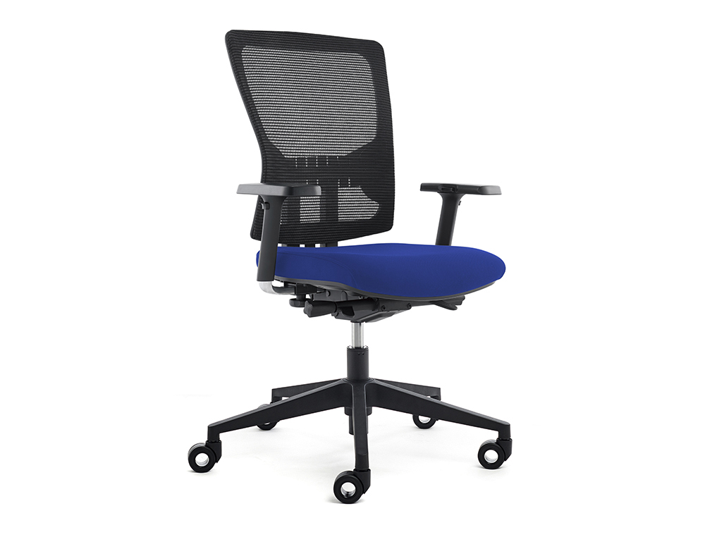 SILLA ROCADA DE OFICINA CON BRAZOS TAPIZADA EN TELA INGNIFUGA Y RESPALDO EN POLIMERO COLOR AZUL