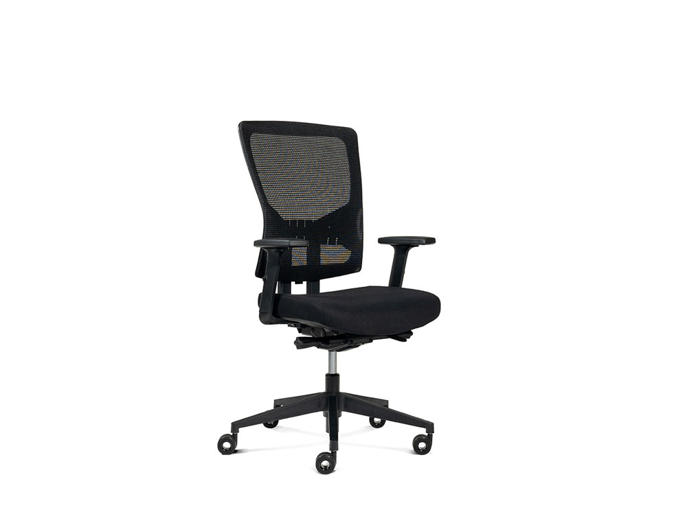 SILLA DE OFICINA ROCADA BRAZOS REGULABLES ASIENTO TELA IGNIFUGA Y RESPALDO MALLA COLOR NEGRO